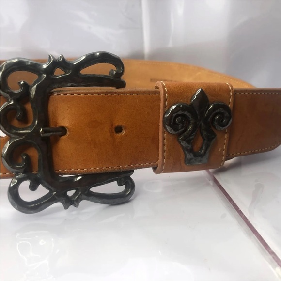 Pastille Vintage Handcrafted Tan Leather Belt Fleur De Lis Made In USA Size M - Picture 9 of 16